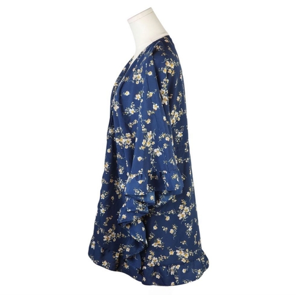 Floral Ruffle Kimono Cardigan Navy Yellow Open Front Sheer Size S/M - Picture 3 of 8